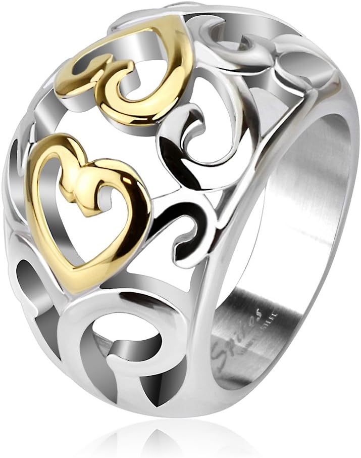 STR-0049 Stainless Steel Two Tone IP Vintage Heart Swirls Frontal Ring