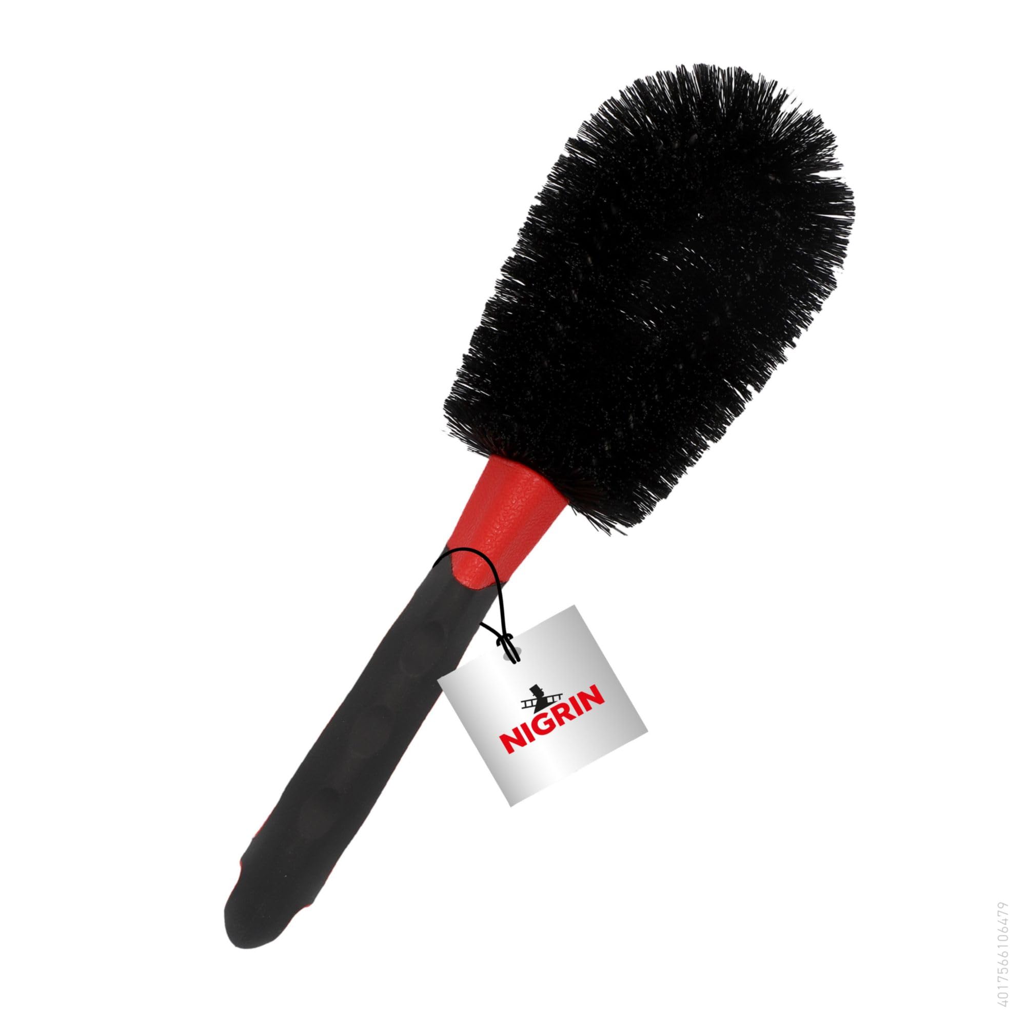 NIGRIN Felgen-Bürste für schonenende und effektive Reinigung bis tief ins Felgenbett, für alle Felgenarten geeignet, ergonomischer und Rutschfester Griff, Rot, Schwarz