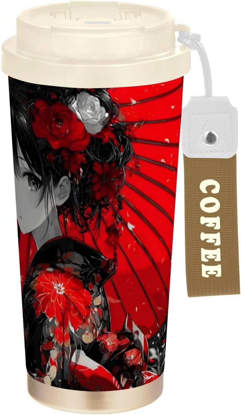 Insulated Coffee Mug Woman Anime Umbrella with Straw & Flip Lid, 16.9oz Iced Tumbler Cup, Double Wall Vacuum Mug for Travel Office Camping