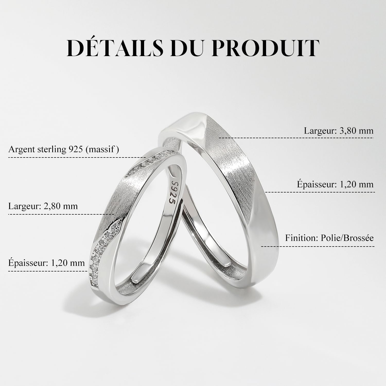 Meissa Anelli di coppia Argento 925 Fedi nuziali con diamanti dainty Uomo e donna Anello della promessa Anello di fidanzamento Misura regolabile