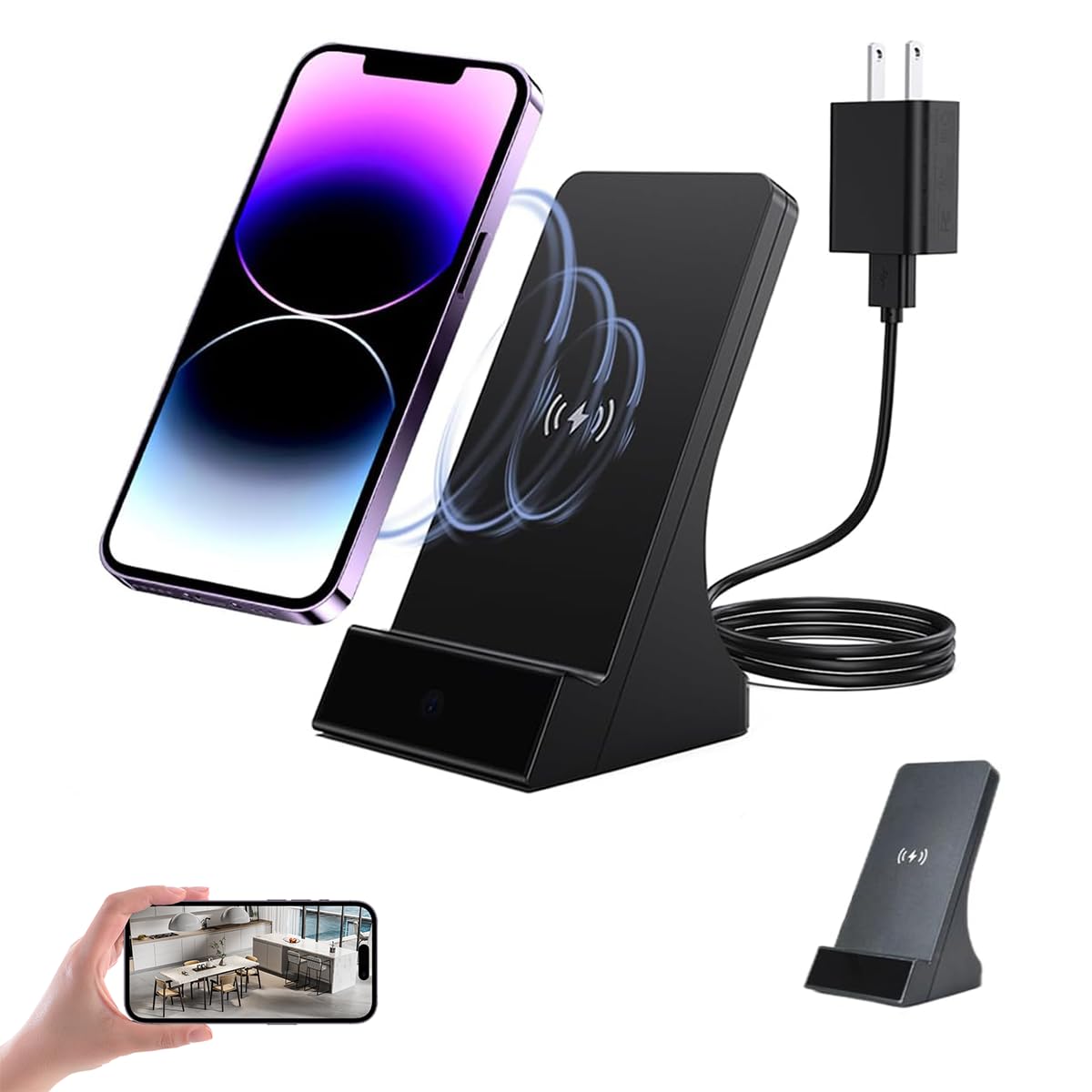 LIZVIE Phone Charger Camera Dock 1080P Wide-Angle Hidden Cam Charger Night View Motion Detection Wireless Charging Camera Remote