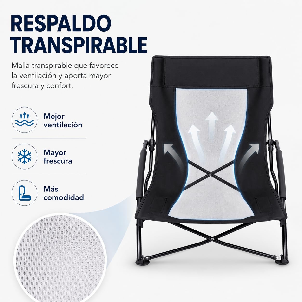 T-LOVENDO.ES Silla Plegable Baja de Playa y Camping/Portátil y Compacta/Respaldo Transpirable/Reposabrazos Acolchados/Estructura de Acero Robusta/Patas Antideslizantes/hasta 150 kg