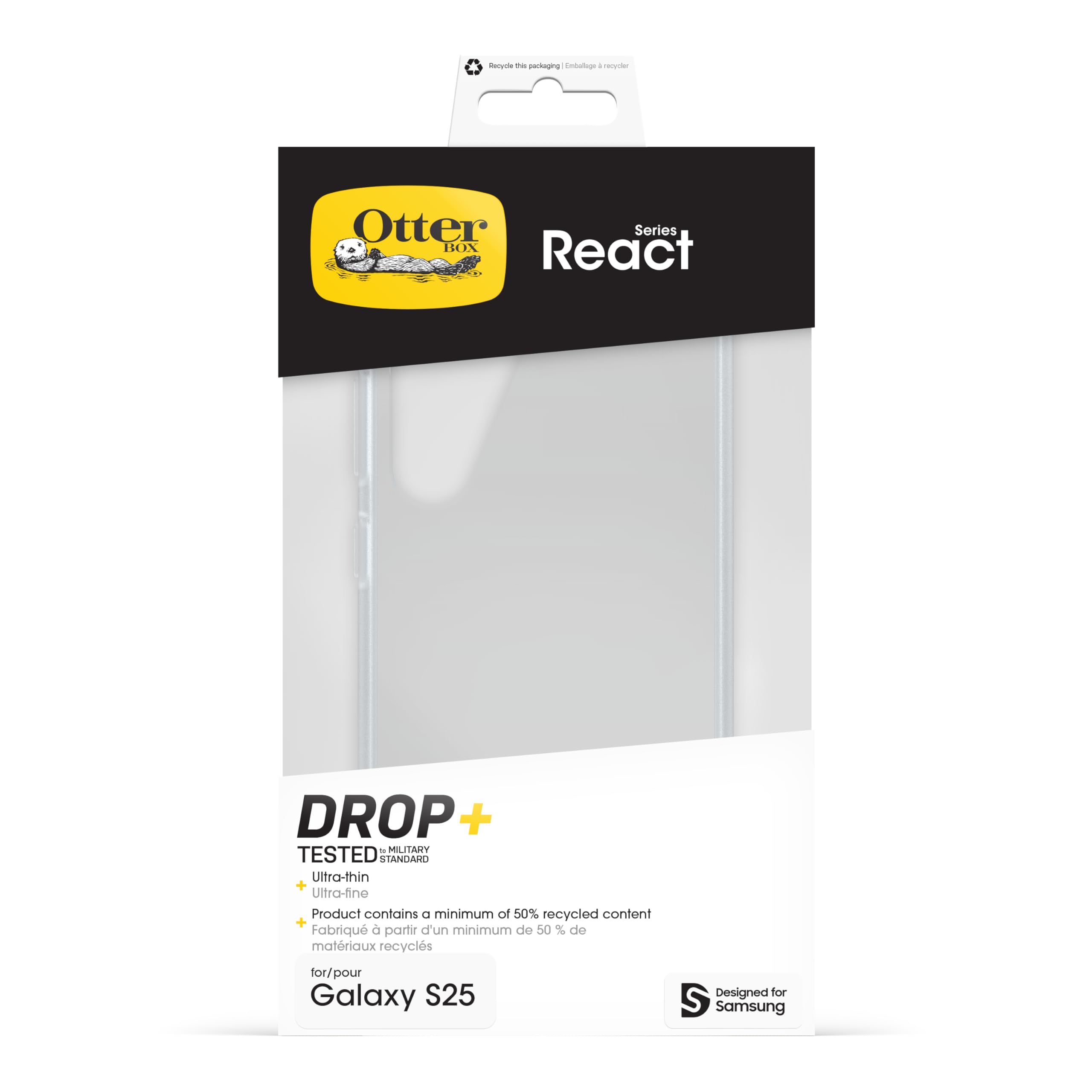 Cover per Samsung Galaxy S25 OtterBox React Series, resistente a shock e cadute fino, cover ultrasottile, testata a norme MIL-STD 810G, Trasparente