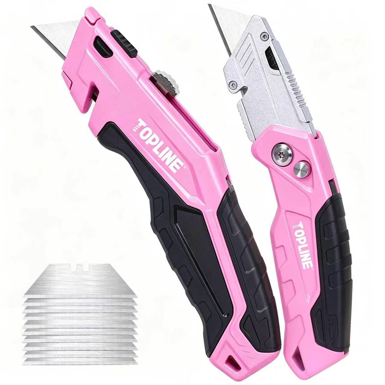 TOPLINE 2-Pack Pink Utility Knife Set, Retractable Pink Box Cutter and Pocket Folding Utility Knife, Blade Storage Design, 18-Piece SK5 Blades and a