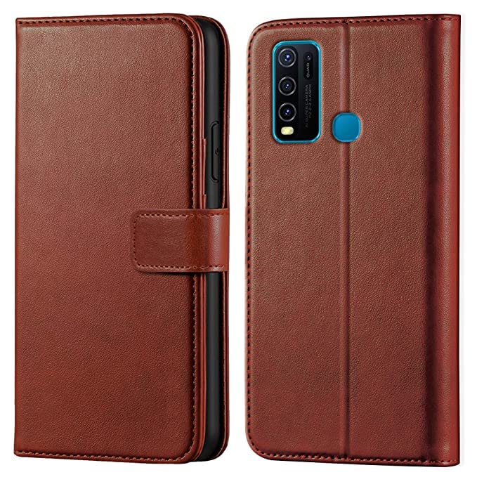 Image of JACKRO VIVO Y30 /1938 Brown Color Leather Finish Flip Case Cover - TPU Inside with Card Pockets | Wallet Stand | Magnetic Closure | Flip Cover