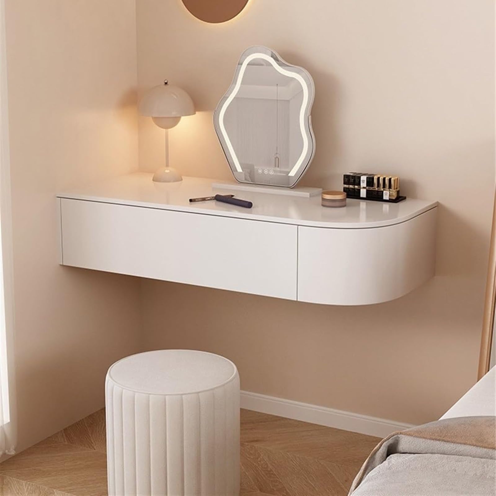 asdchZen Modern Floating Vanity Makeup Table With Corner Desk & Nightstand Storage-Stylish Suspended Bedroom Furniture For Makeup & Bedroom Nization