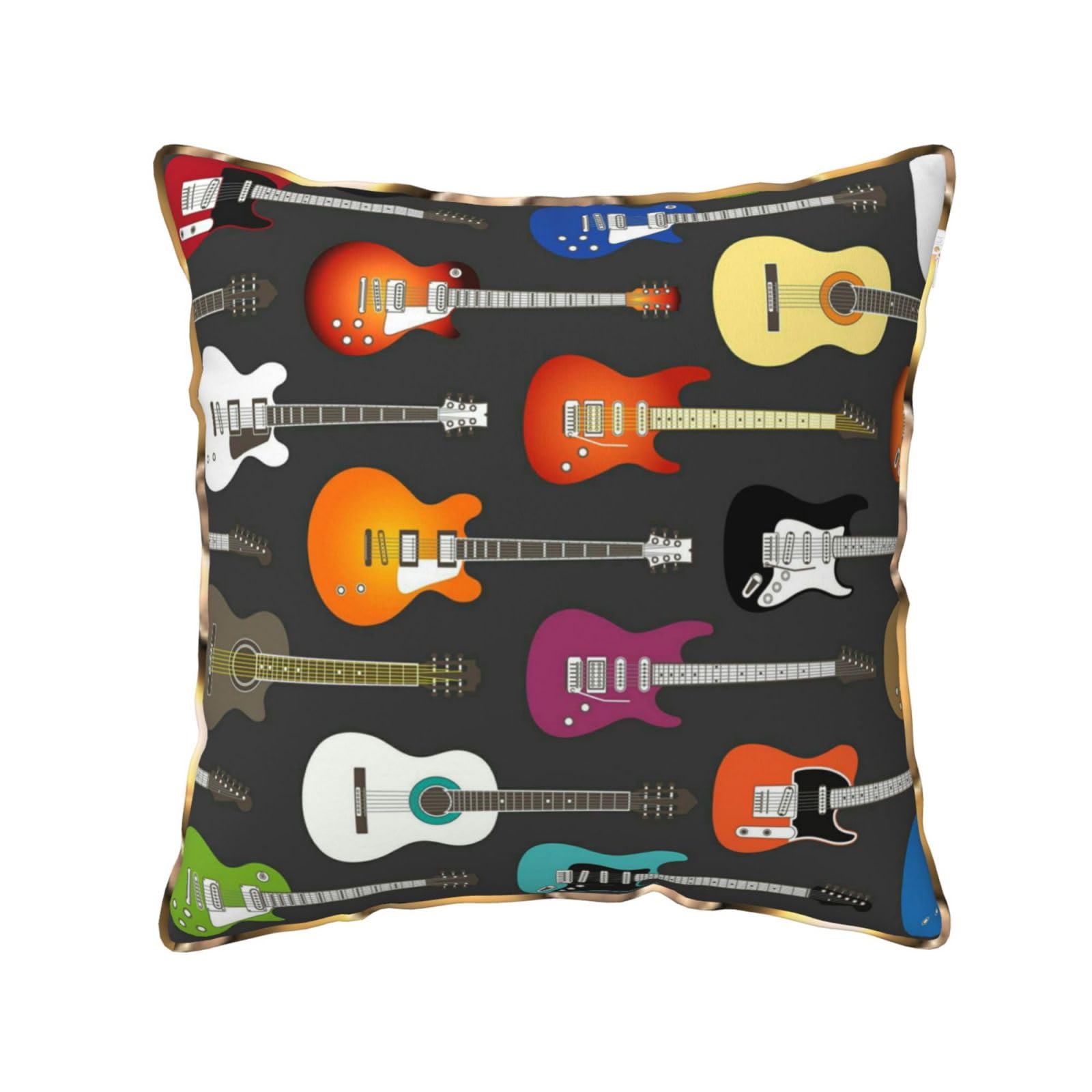 AUBKFELD Color Acoustic and Guitars Printed Velvet Cushion Cover 50x50 CM with Gold Edging Strip, Square Pillowcase Soft Throw Pillow Covers Case Decorative for Living Room Sofa Couch Bed Bench