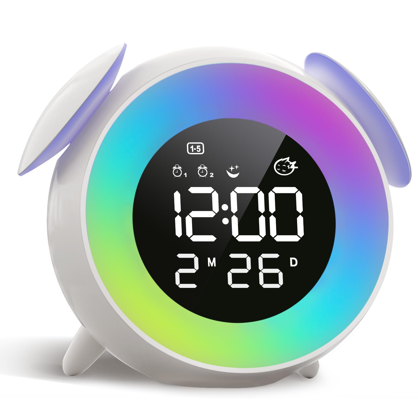 Despertador Infantil, Despertador Digital Recargable con 15 Colores Luz Nocturna, Snooze, 2 Alarma, Modo de Semana/Fin de Semana, Brillo Ajustables para Niños/Niñas
