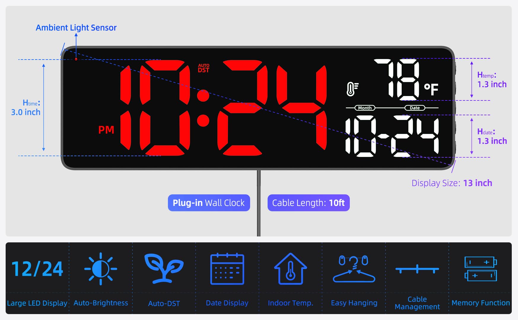 Grande orologio digitale da parete a LED con data, temperatura, auto-luminosità, auto-DST, grande orologio digitale per camera da letto, scrivania, aula, soggiorno, cucina, ufficio, palestra, fattoria