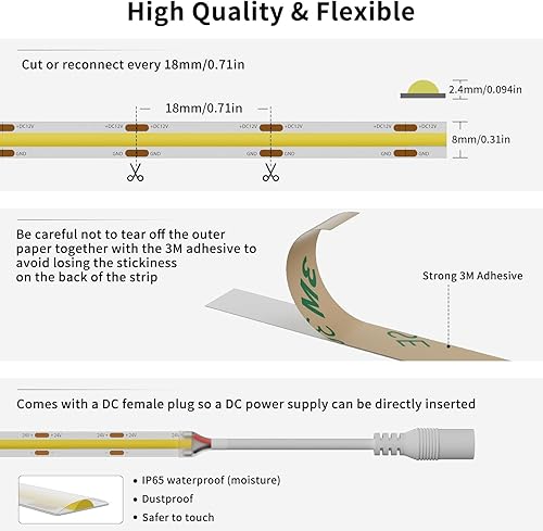 Miniatura 3 de PAUTIX COB - Tira LED de 12 V, 3000 K, IP65, blanco cálido, 18 pies/18.0 ft, súper brillante, CRI90+, cinta de luz LED flexible para gabinete,