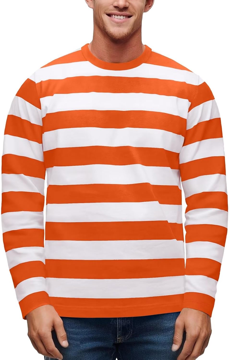 Zengjo Men's Casual Cotton Spandex Striped Crewneck Long-Sleeve T-Shirt Basic Pullover Stripe tee Shirt