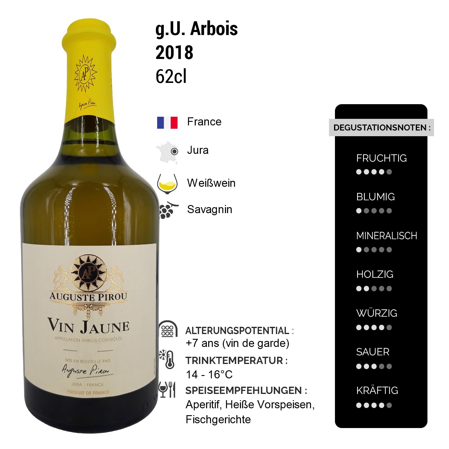 Arbois Vin Jaune Weißwein 2018 - Auguste Pirou - g.U. - Jura Frankreich - Rebsorte Savagnin - 3x62cl
