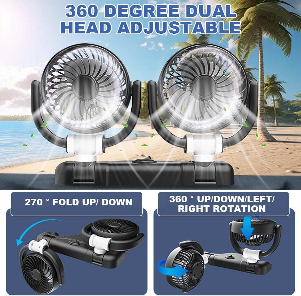Ventilateur de voiture 5 V USB double tête - Portable - Rotation à 360° - Double tête - 2 vitesses - Faible bruit - Pour camion, camionnette, SUV, RV