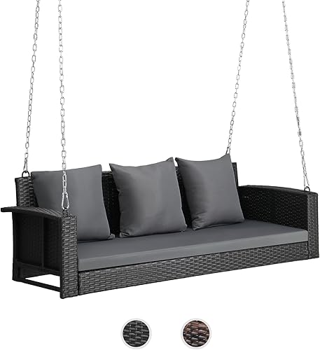 Miniatura 1 de VINGLI Columpio colgante de mimbre resistente de 800 libras con cojines y cadenas, banco de mimbre para exteriores de 5 pies para jardín, patio,