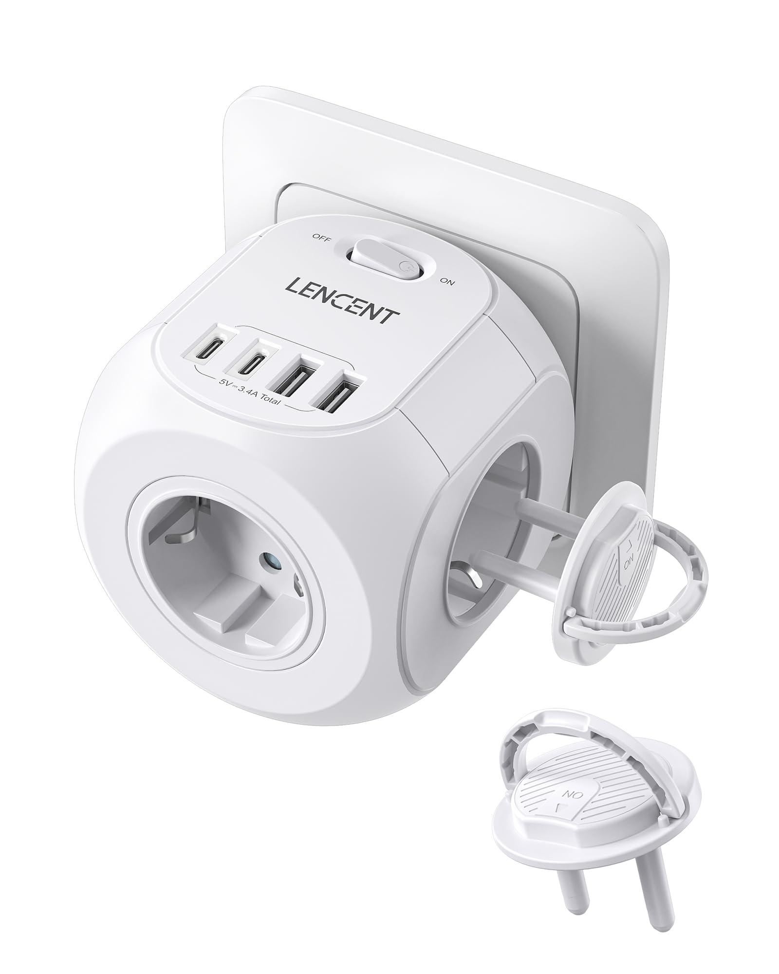 LENCENT Enchufe Cubo, Ladron Enchufe con 4 Tomas de CA, 2 USB-A, 2 Tipo-C y 2 Cubiertas Protectoras, Enchufe Multiple Pared con Interruptor, Cargador USB para Hogar, Oficina