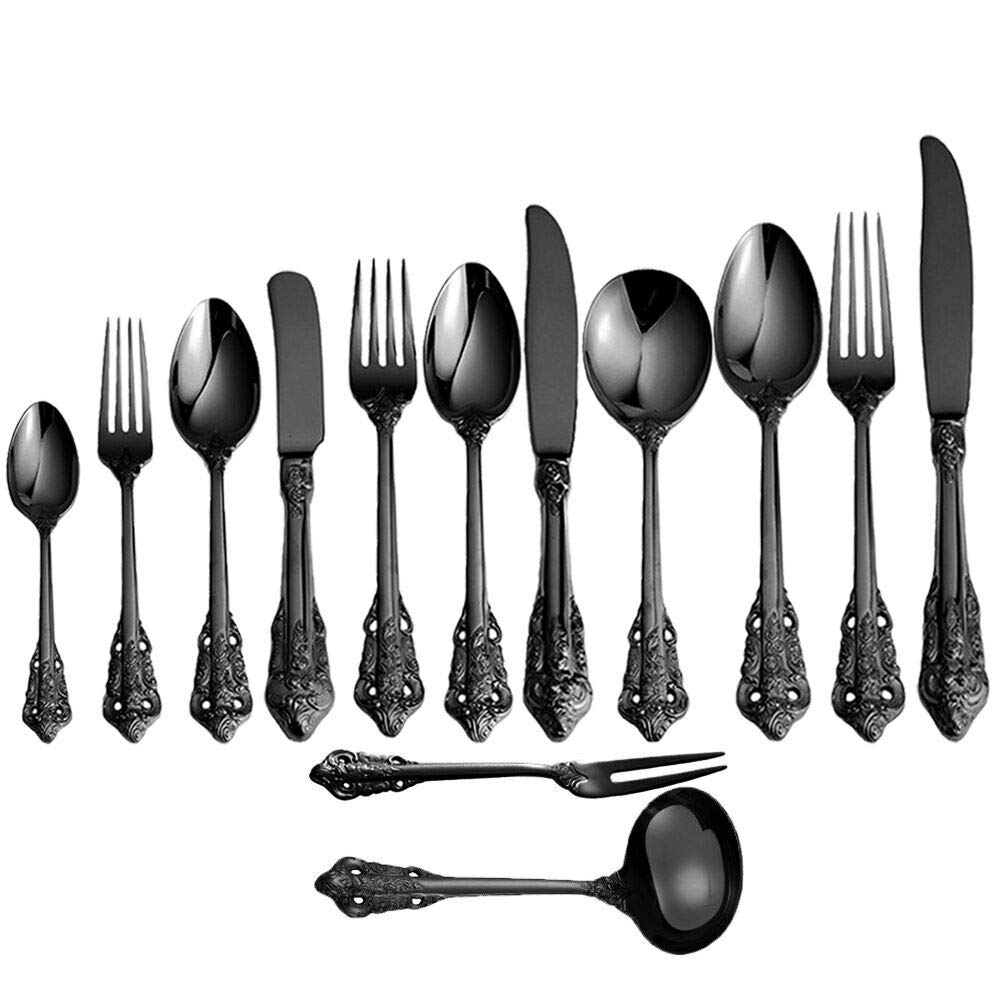 Set de Cubiertos de acero inoxidable 18/10 negro, Estilo Vintage, acabado pulido brillante, para Cocina, Restaurante, Fiesta, Juego de 13, Un juego completo de cubertería