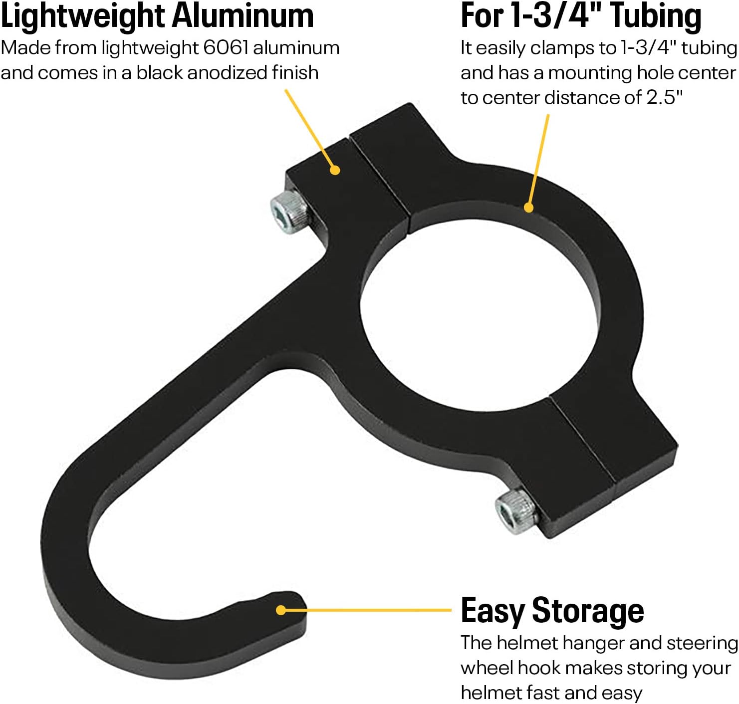 Speedway Motors Black Aluminum Helmet and Steering Wheel Hook Pair, 6061 Anodized Roll Bar Mount Hangers for 1-3/4 Inch Tubing, 4.375-Inch Length Lightweight Storage Brackets