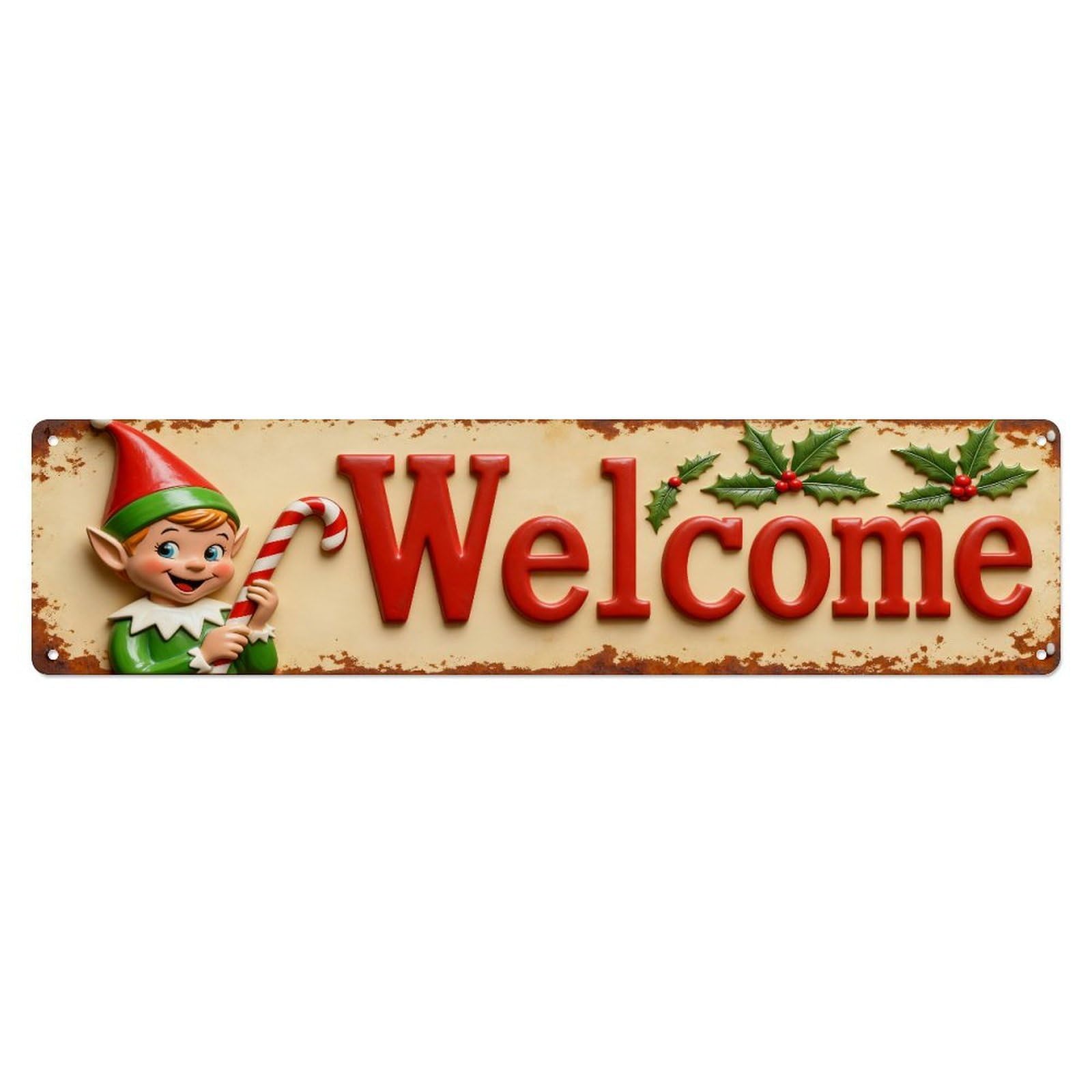 Elf Holding Candy Cane Welcome Sign Metal Tin Sign Plaque