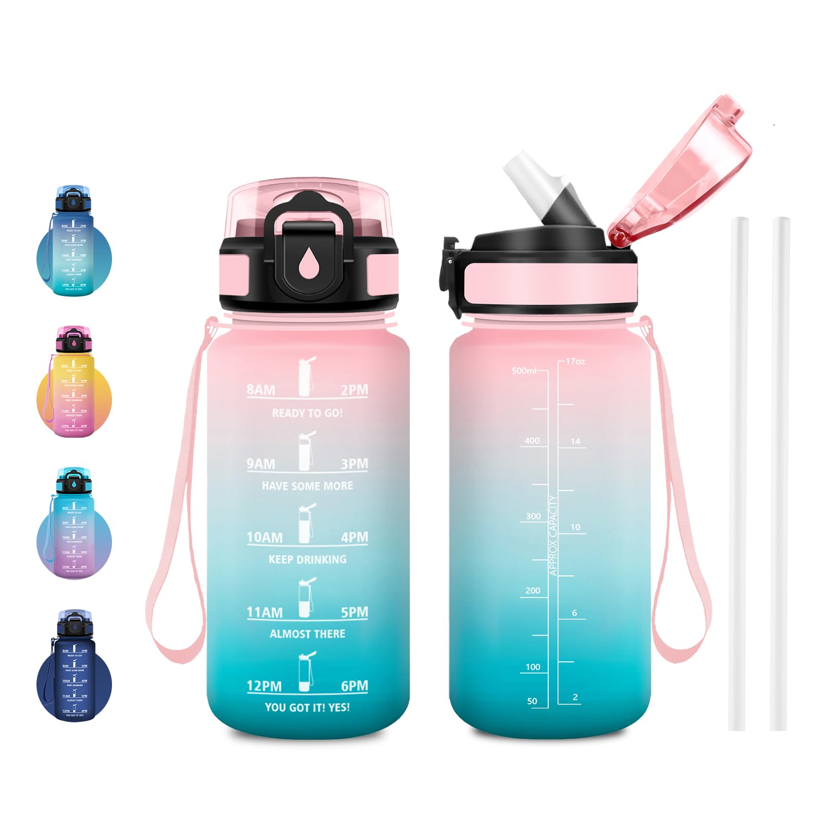 Motivation Water Bottle 500ml BPA Free Straw Motivation Water Bottle with Time Marker for Travel, Hiking, Outdoor, Fitness