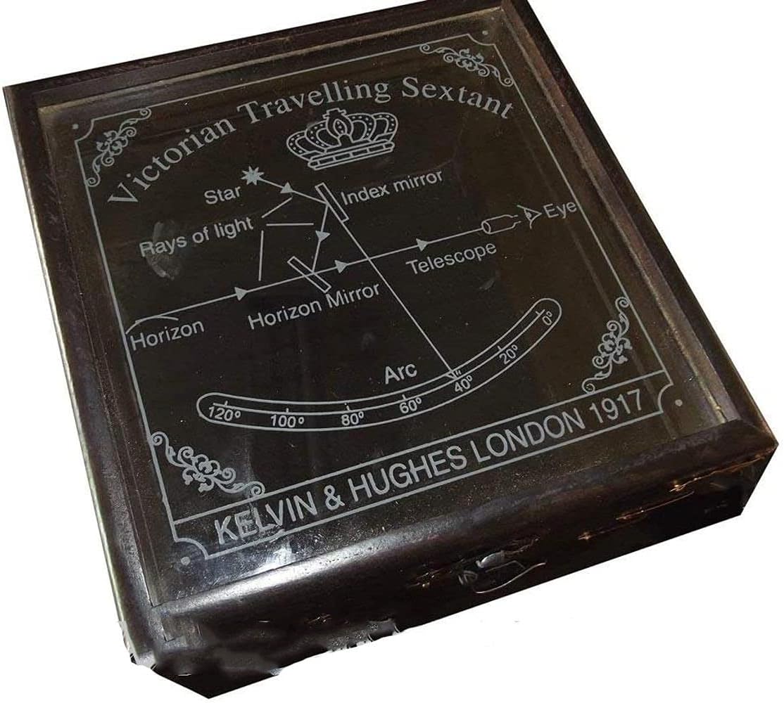 Antiquated Brass 5" Victorian Style Nautical Sextant in Glass-Topped Rosewood Display Case