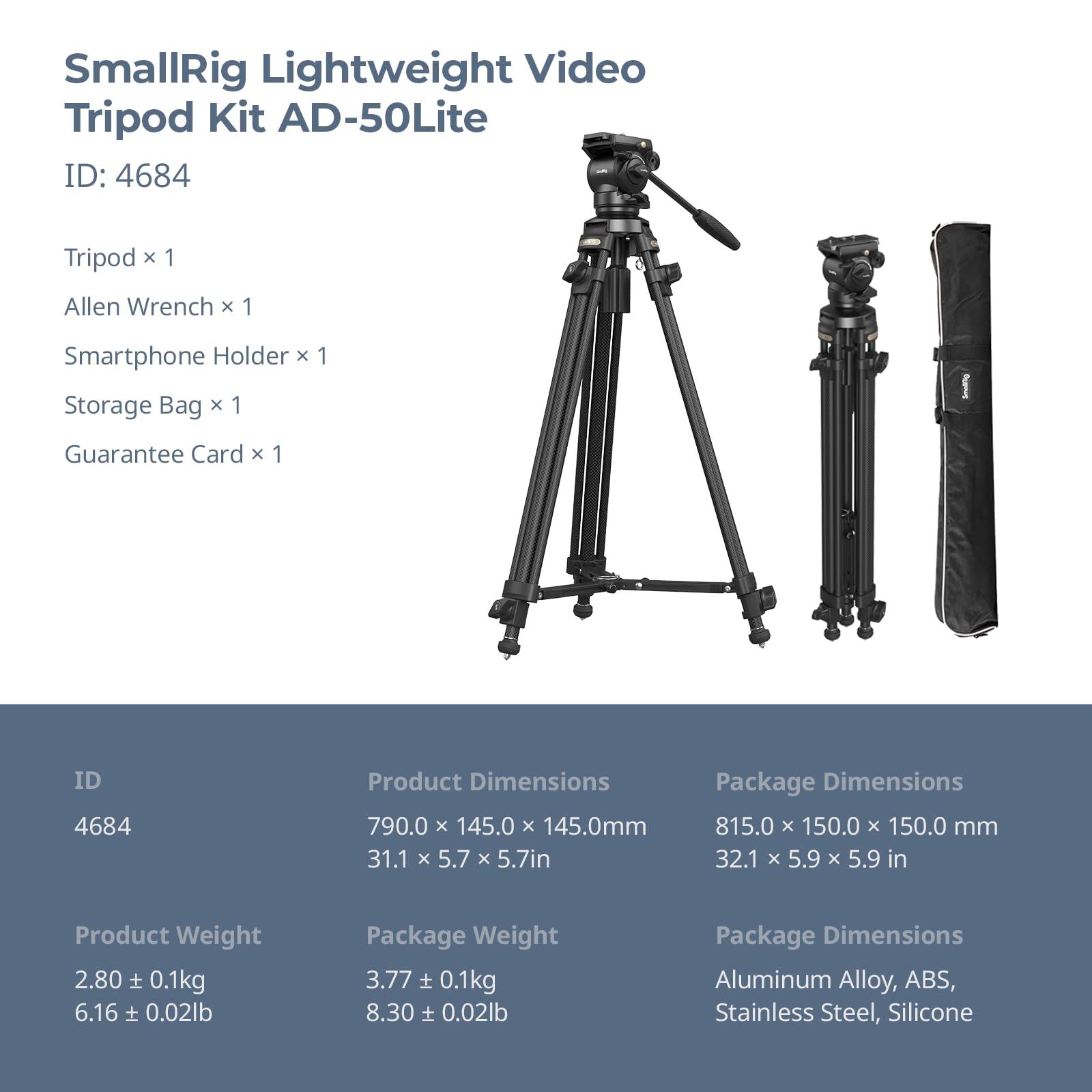 SMALLRIG 158CM / 62" Videostativ mit 360° Fluidkopf, leichtes Kamerastativ aus Aluminiumlegierung mit QR-Platte & Hebeseil, für DSLR Camcorder Kameras, 5kg / 11lbs Tragkraft, AD-50Lite - 4684