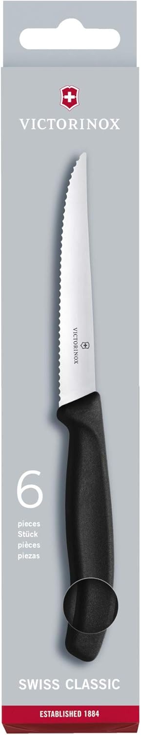 Victorinox Swiss Classic Juego de 6 cuchillos de carne con filo de sierra, aptos para el lavavajillas, fabricados en acero inoxidable y de color negro