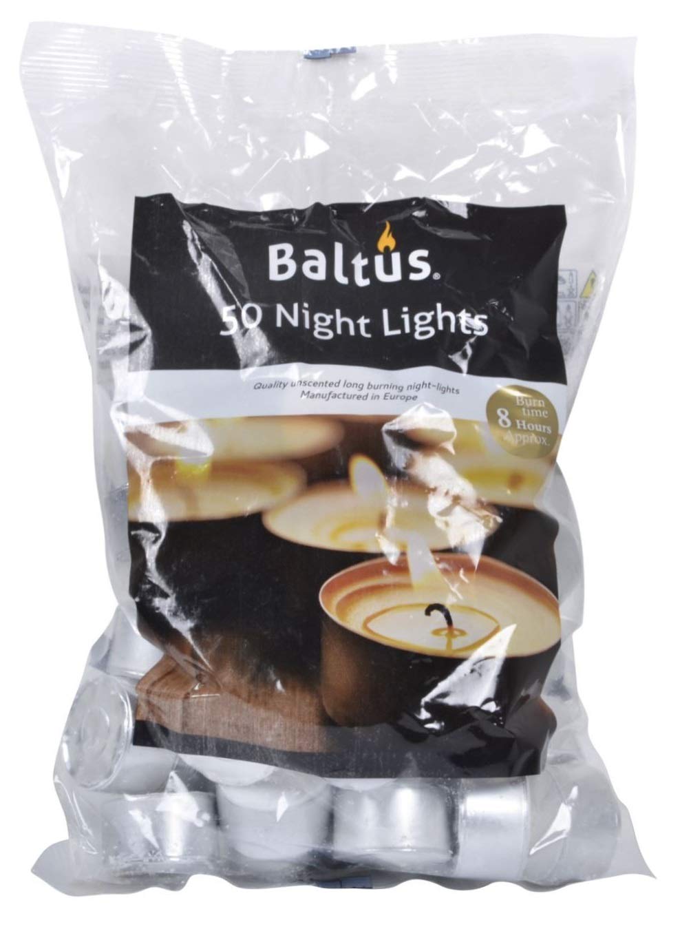 Baltus White,Silver Pack Of 50 Unscented Wax Night Lights Tealights Candles 8 Hour Long Burn Time