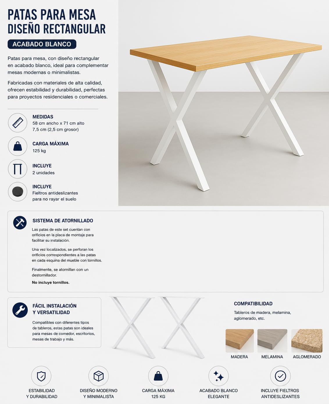 Patas para Mesa de Comedor | Blanco | 58x71cm | 2 Unidades | Resistentes y Modernas