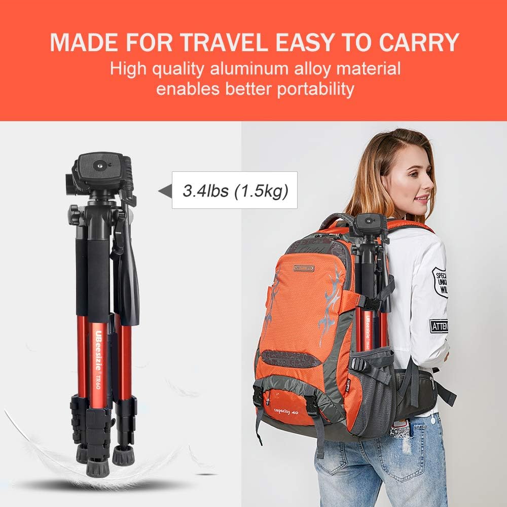 UBeesize 60-inch Camera Tripod, 5kg/11lb Load TR60 Load Portable Lightweight Aluminum Travel Tripod with Carry Bag & Bluetooth Remote, for DSLR Cameras Compatible with iPhone & Android Phone (Orange)