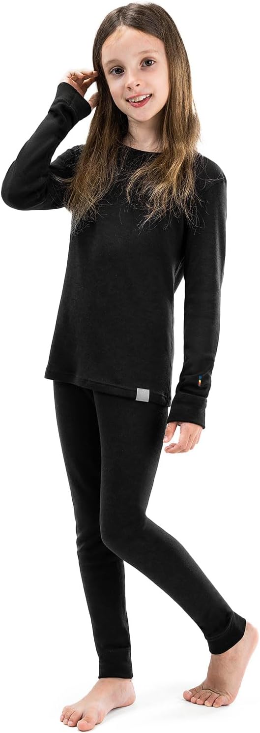 100% Merino Wool Girls Base Layer Set Midweight Thermal Underwear Top Bottom Fleece Lined Thick Warm Skiing