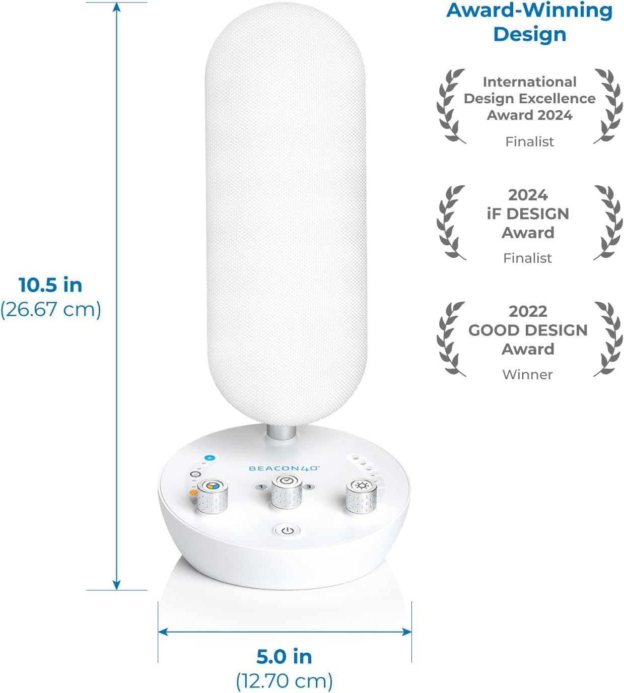 Diagram showing the dimensions of the BRIGHT BEACON40 lamp: 10.5 inches (26.67 cm) tall and 5.0 inches (12.70 cm) wide at the base.