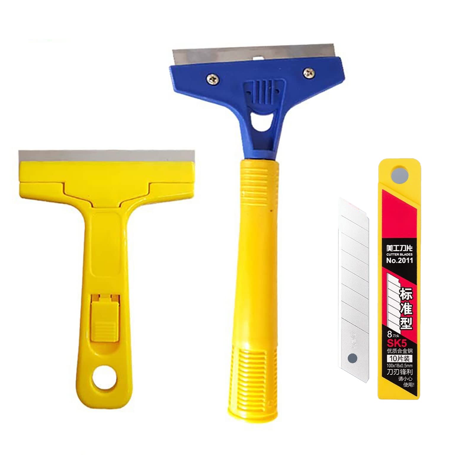 Paint Scraper 2 Pcs, Floor Scraper with 10 Pcs Metal Blades, Long Handle Razor Blade Scraper for Cleaning Stove Top Tiles Wall Glass Wallpaper（25cm & 14 cm)