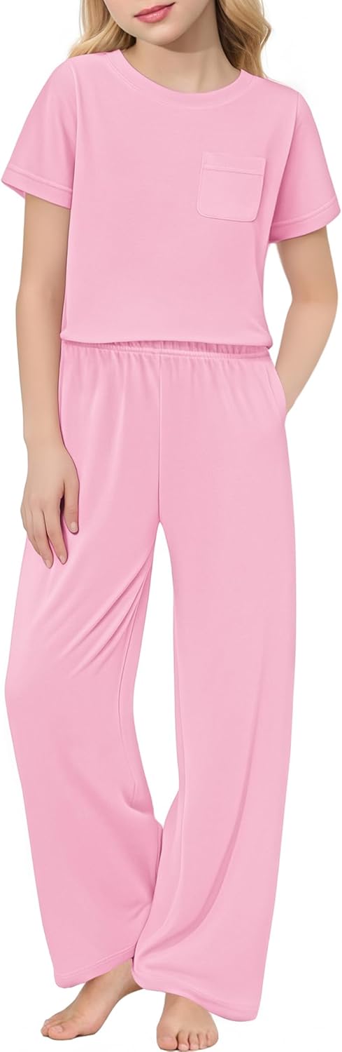 Arshiner Girls' Sleepwear Short Sleeve Long Pants Pajamas Sets Soft Loungwear for Kids