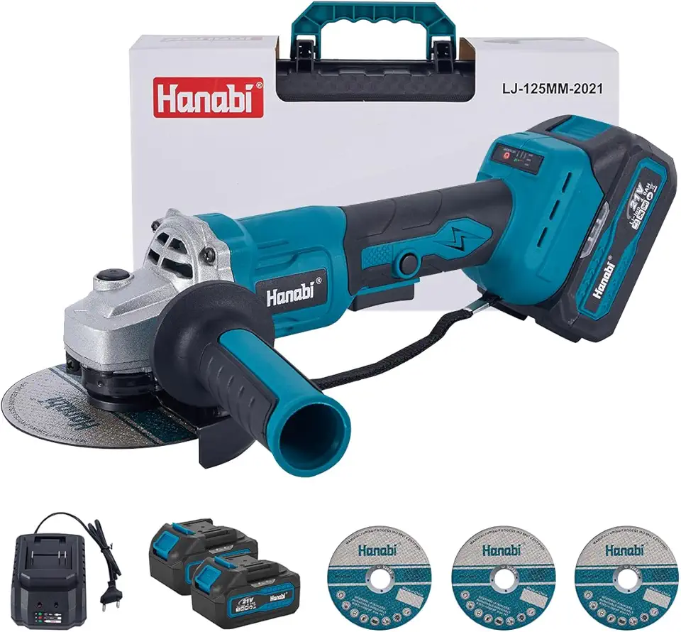 Hanabi Esmerilhadeira Bateria 21v, 4000mah com 2 Baterias, 125mm, Brushless Profissional Esmerilhadeira Angular Sem Fio com Controle de Velocidade,com Maleta + 3 Pcs Discos de Corte, Corte e Polimento