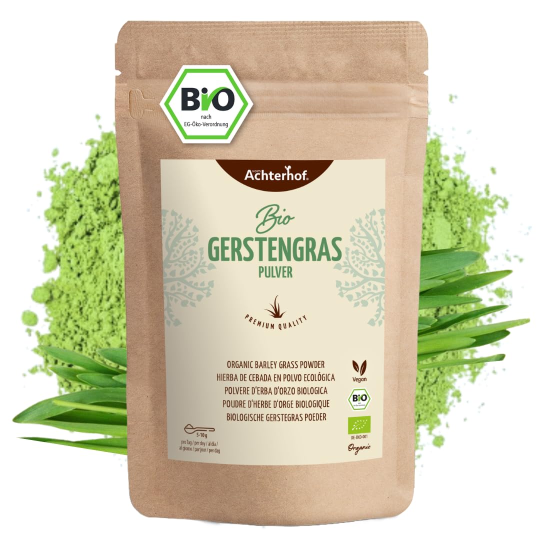 Erba d'orzo in polvere BIO (500g) | Da coltivazione tedesca | Qualità alimentare grezza | Residui controllati | vom-Achterhof