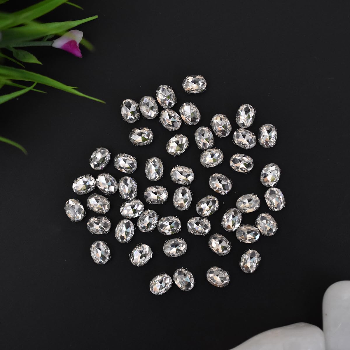 Embroiderymaterial Oval Shape Sew on Glass Crystal Rhinestones with D Shape Claws for Craft, Embroidery and Jewellery Making (6 * 8MM, Silver, 48 Pieces) 3