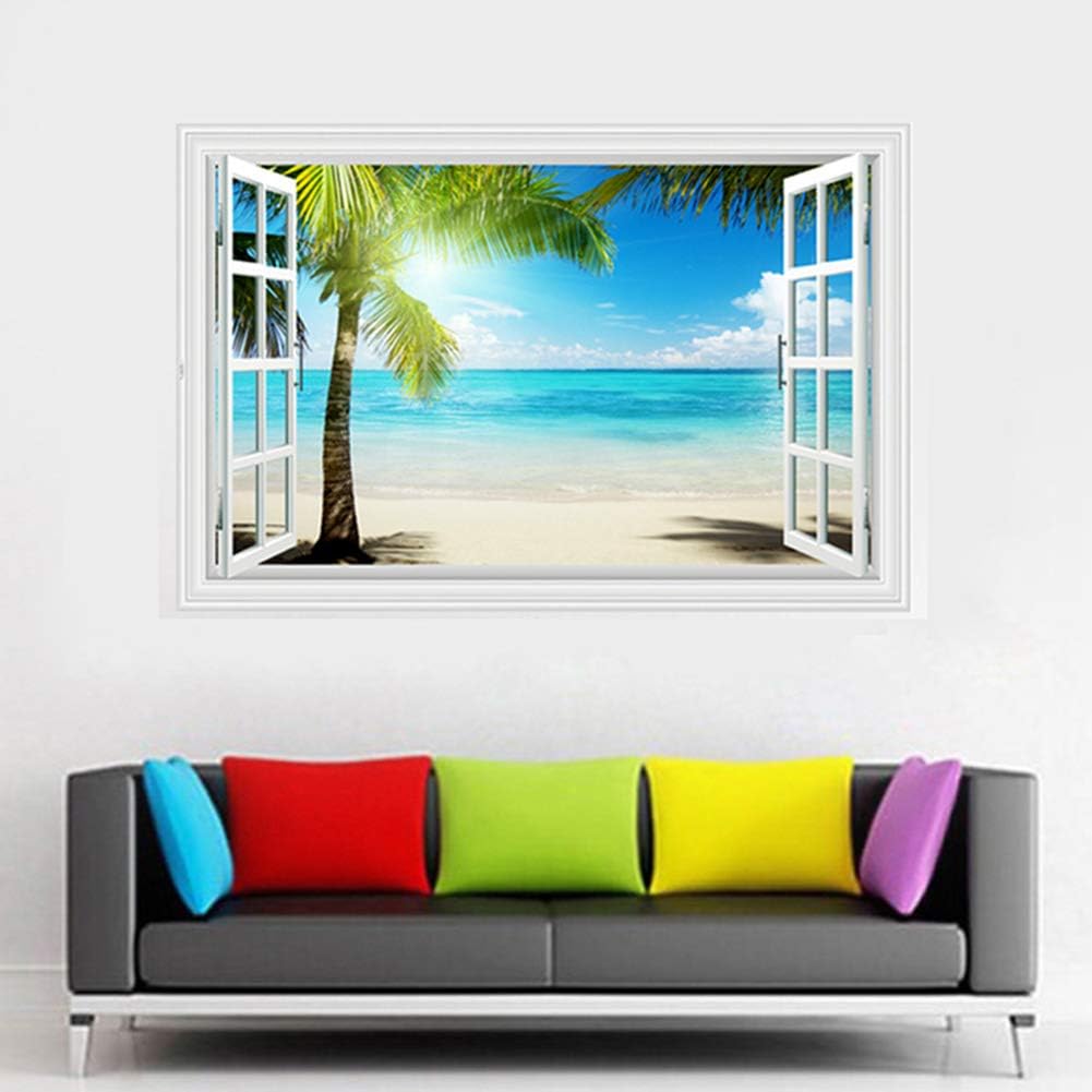Lichi 3D Fake Window Wall Sticker Mural Decal of Beach Coconut Tree View Scenery Sunshine, Yellow - Image 3