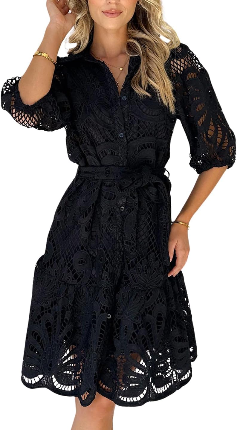 Women's Summer Hollow Out Lace Mini Dress Lantern Sleeve Lapel Button Ruffle Casual Beach Party Dresses