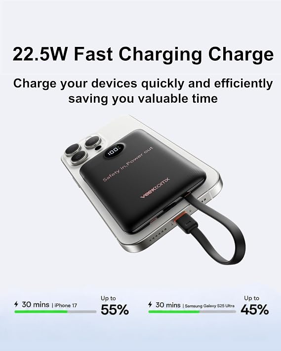 VEEKTOMX Portable Charger with Built-in Cables, 10000mAh Slim Power Bank