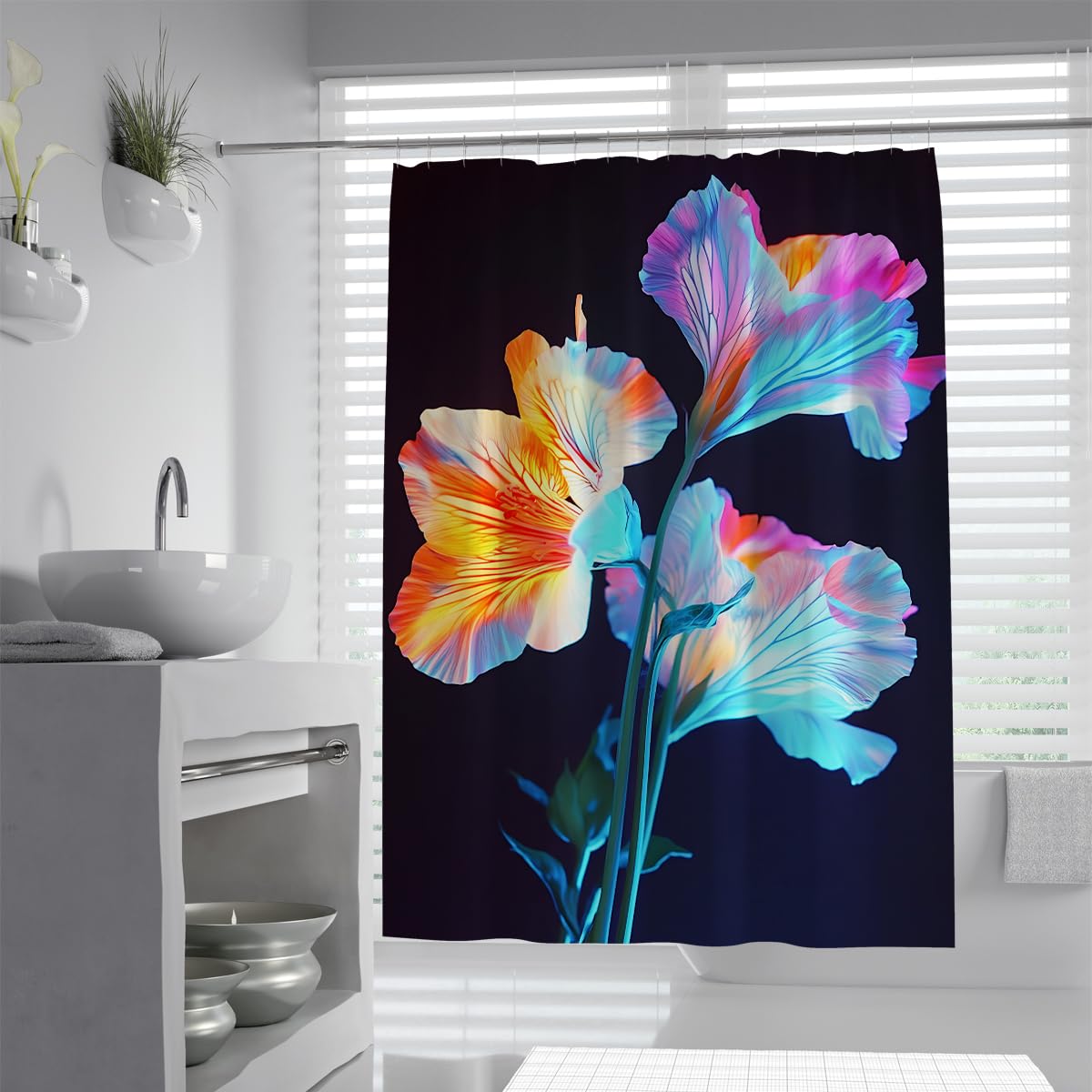 UIRINGART Abstract Colorful Floral Shower Curtain W180xL180cm Dark Blue Orange Flower Anti Mould Mildew Resistant Bathroom Curtain For Bath Tub With Hook