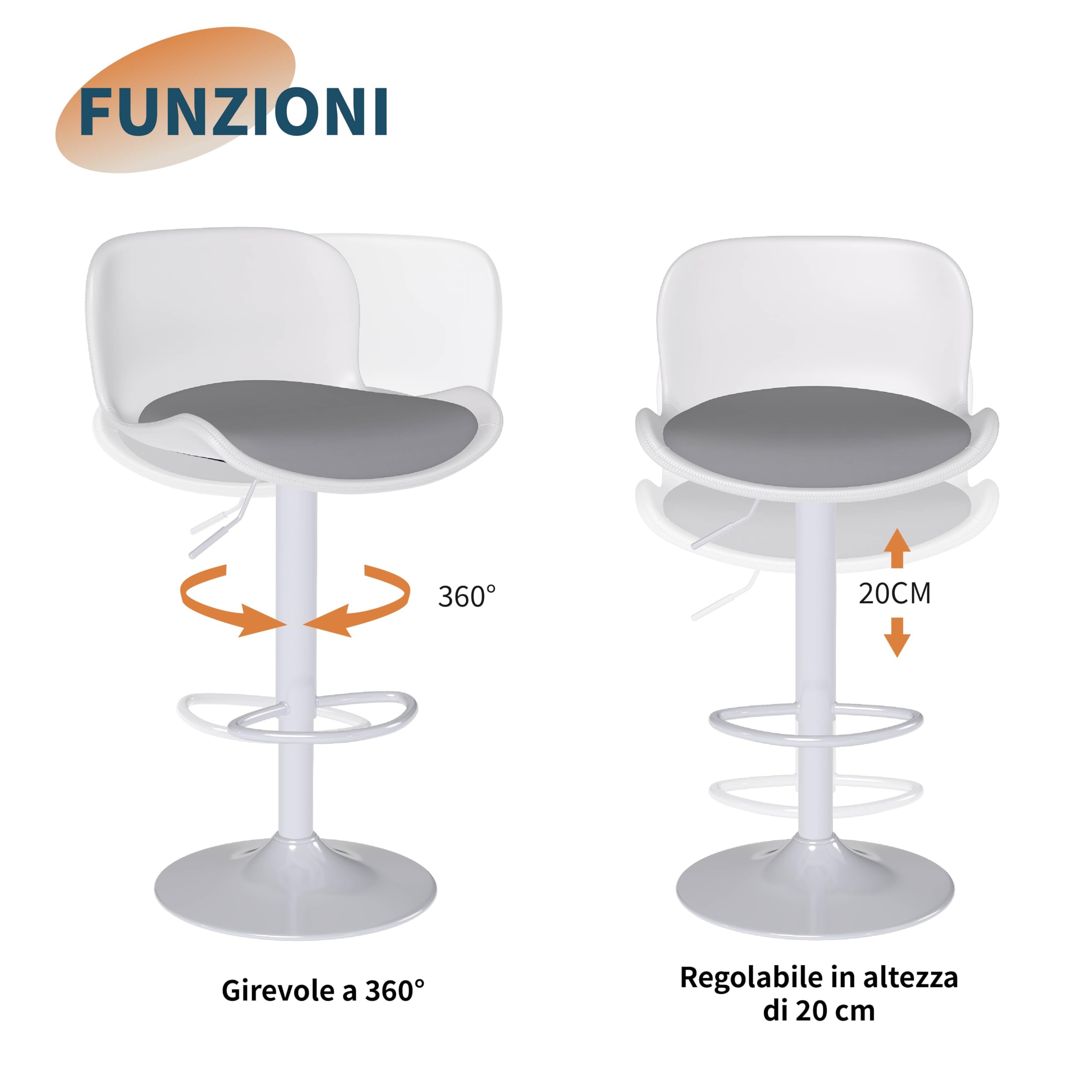 Flysky Sgabelli da bar Set di 3, Sedia girevole a 360°, regolabile in altezza, Sgabello da bar con schienale e poggiapiedi, Sgabello da cucina in similpelle 120kg, Bianco/grigio