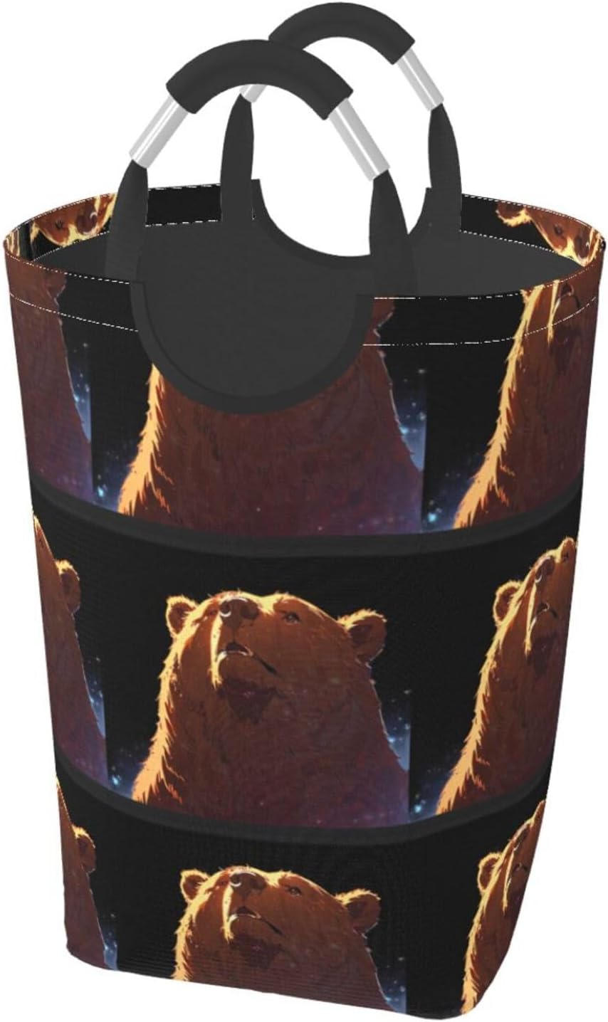 Brown bear with head raised Foldable storage bag, 50L capacity, suitable for laundry room, dormitory bedroom, dirty clothes storage basket.