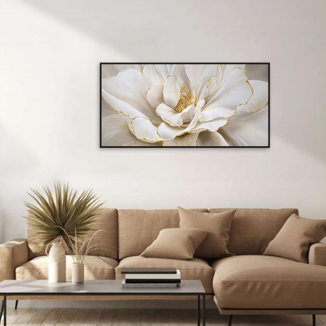 Framed Peony Floral Wall Art, White Dahlias Flower With Gold Accents Print Canvas Artwork for Beige Living Room Bedroom Office Decor, 20 x 40 Inch