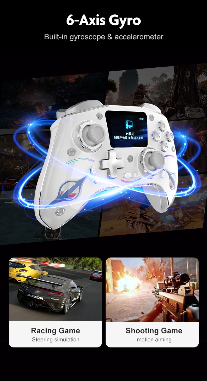 Multi-Function Wireless Pro Controller with Interactive Screen,for Switch/PS4/PC/Android/iOS/SteamDeck, 4 Programmable Buttons, Turbo, 6-axis Gyro, Dual Vibration, RGB Lighting, Hall Effect Joystick Trigger, 1200mAh battery
