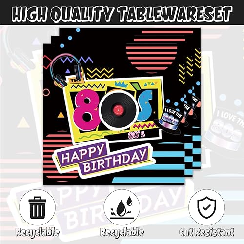 Miniatura 4 de 40 decoraciones de fiesta de cumpleaños temáticas de los años 80, platos y servilletas para 20 invitados, color marrón