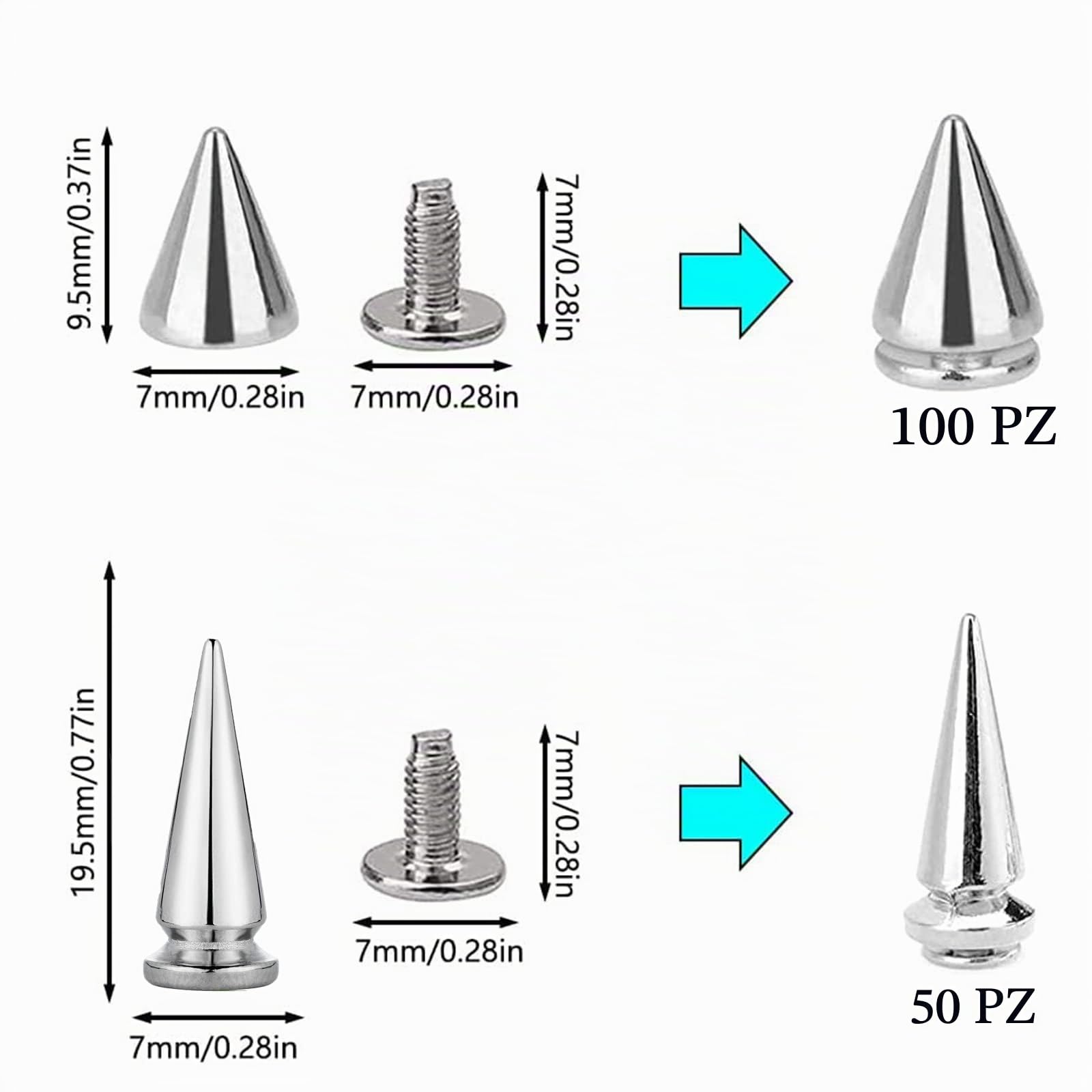 150 Pezzi (100 pcs7*10mm,50 pcs7*20mm) Borchie a Cono, Borchie Decorative, Borchie a Cono Argento, per Borse, Cinture, Vestiti, Scarpe, Braccialetti, Cappelli, Cappotti, Pantaloni, Collane