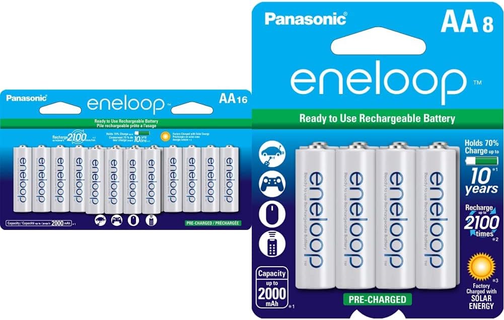Panasonic BK-3MCCA16FA eneloop AA 2100 Cycle Ni-MH Pre-Charged Rechargeable Batteries & BK-3MCCA8BA eneloop AA 2100 Cycle Ni-MH Pre-Charged Rechargeable Batteries, 8 Pack