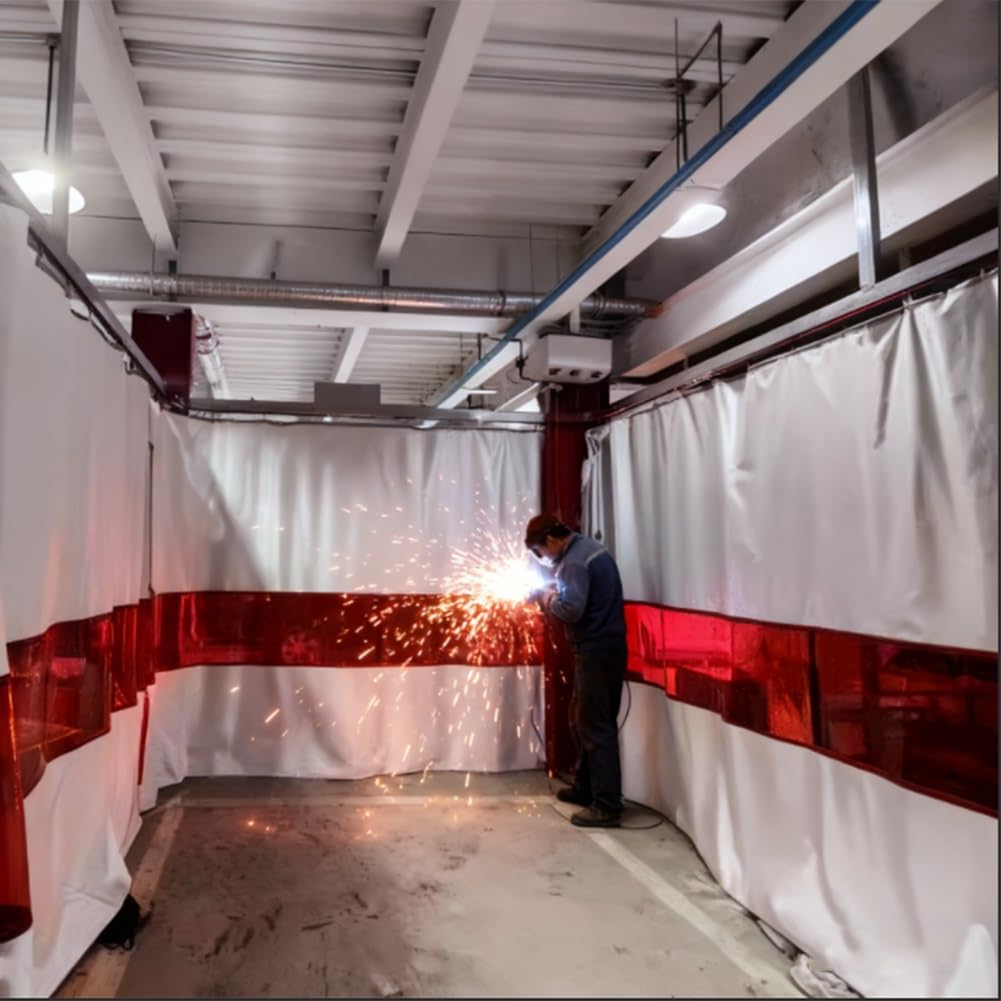 Silikonbeschichteter Schweißvorhang mit rotem Sichtfenster, 1 mm dick, industrielle Schweißdecke, 2,1 x 7 x 3 m, langlebiger Schutzschild für sichere Schweißarbeiten