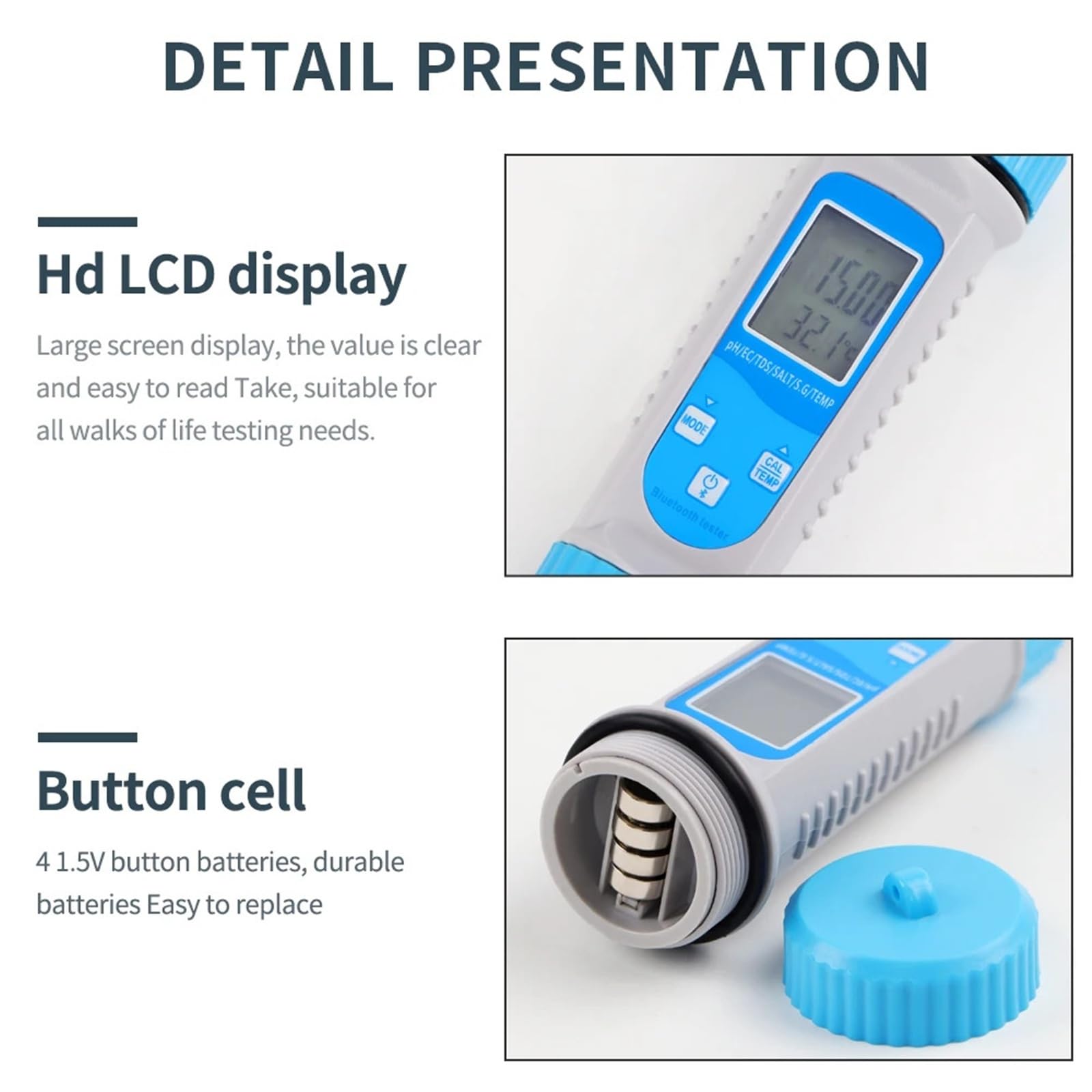 Misuratore TDS Bluetooth 6 in 1, Tester Digitale for Acqua, EC, TDS, Sale, SG, Temperatura, PH, Tester for acquari, Accessori for Piscine