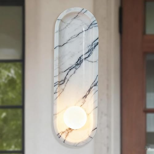 Sculptural White Marble Wall Sconce with Opal Glass Globe - Mid-Century Inspired Wall Light for Bedroom, Hallway, Living Room, Elegant Brass Finish,